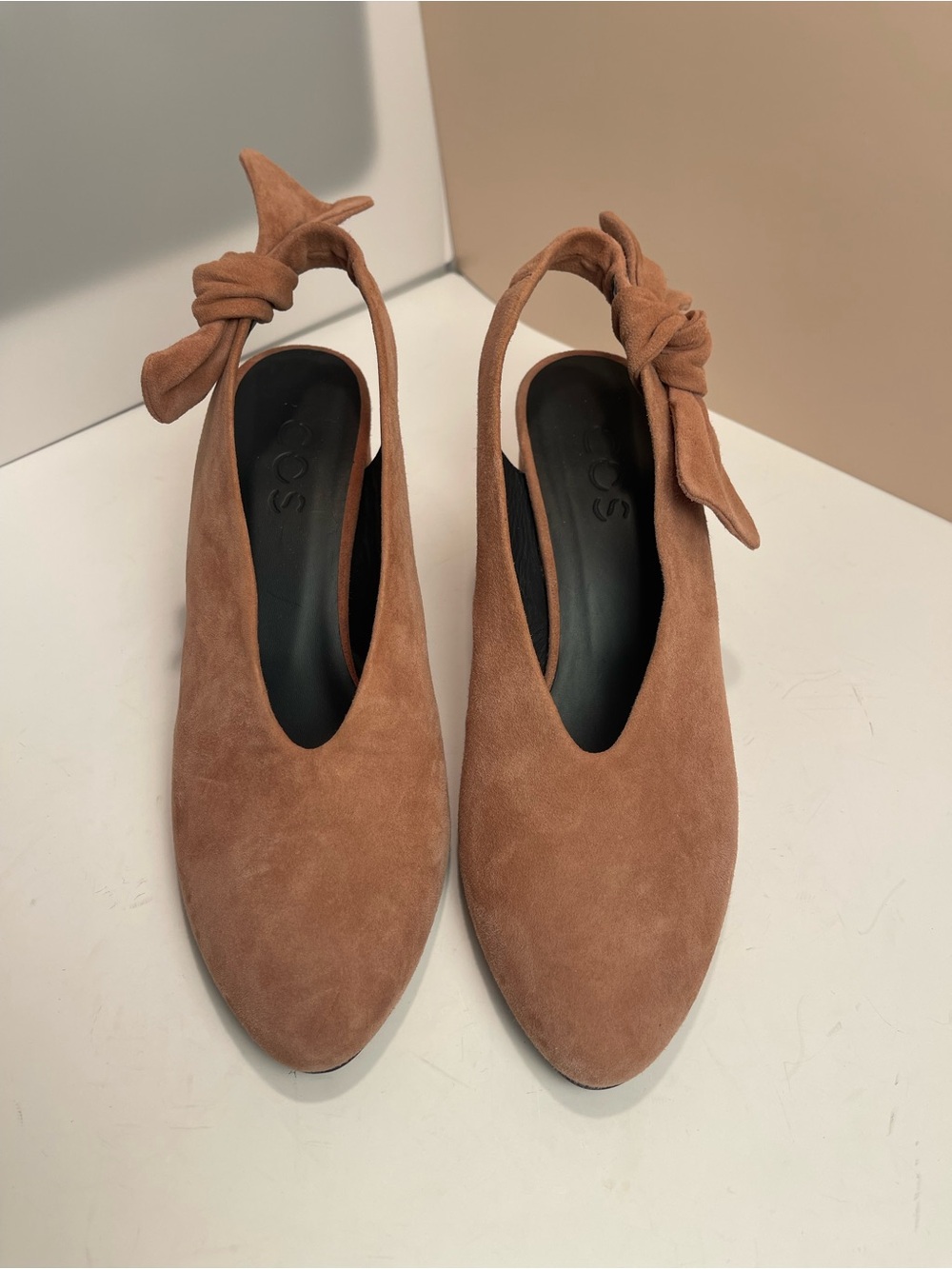 COS Rose Pink Suede Slingback Heels Pumps Size 38 Knot Bow Detail Block Heel